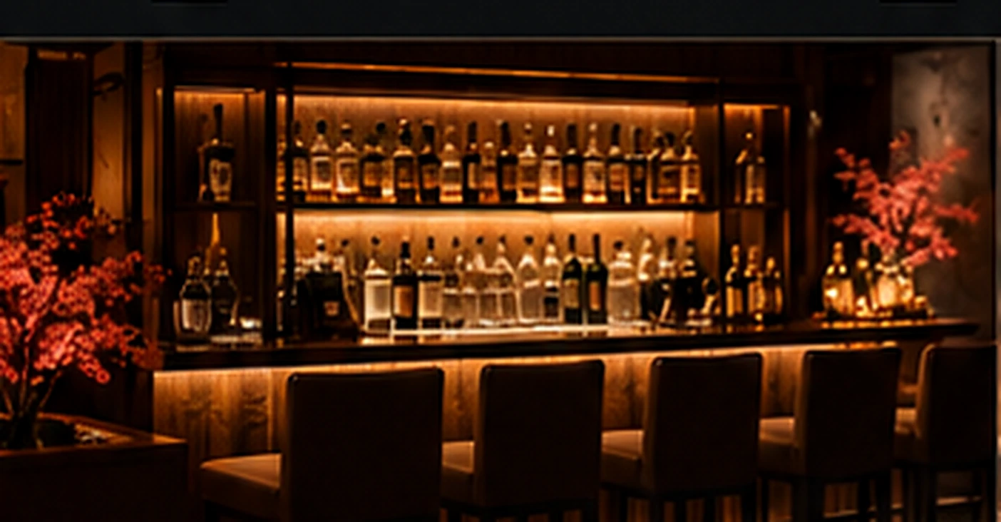 Illustrative Japanese bar with illuminated shelves and wooden counter