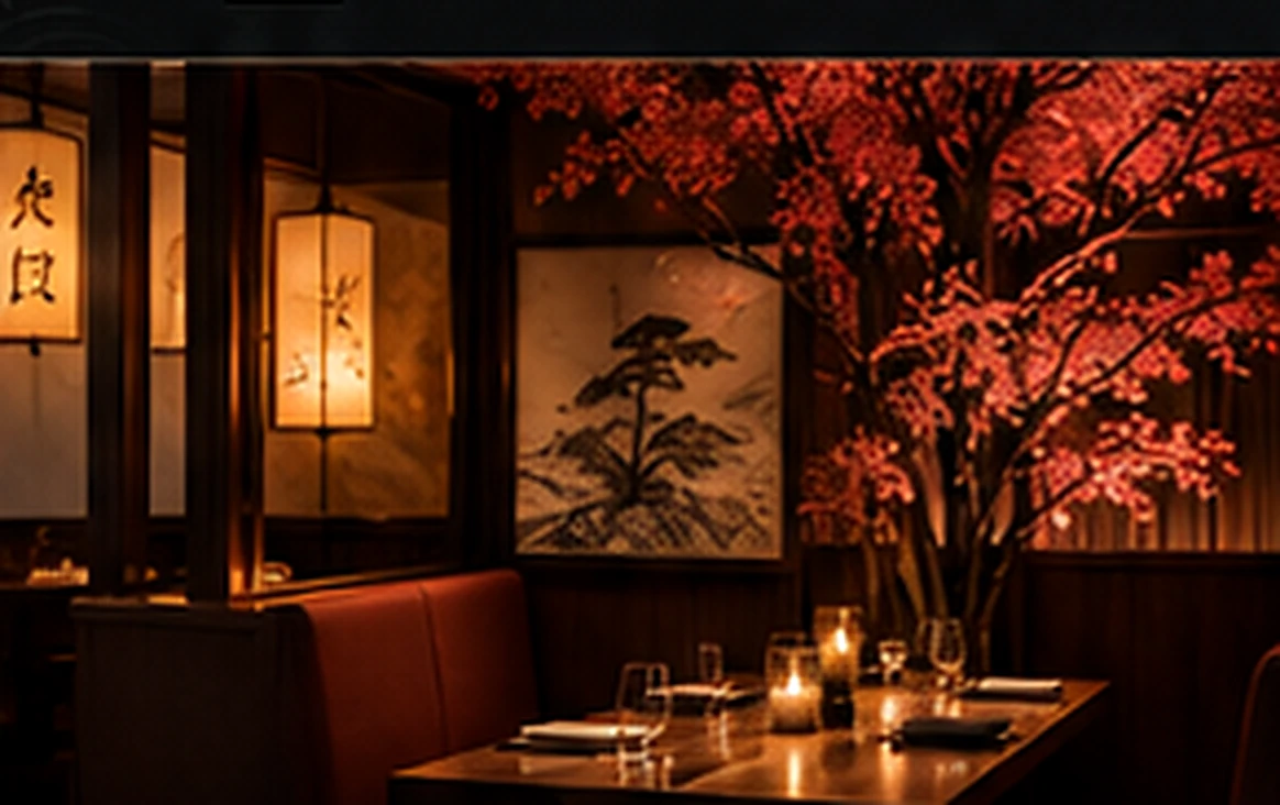 Illustrative intimate Japanese restaurant dining room with warm lanterns